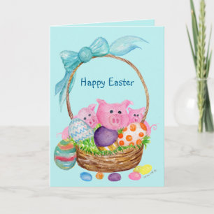 Pigs Happy Easter Card. Pigs, eggs, Easter basket Holiday Card