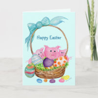 Pigs Happy Easter Card. Pigs, eggs, Easter basket