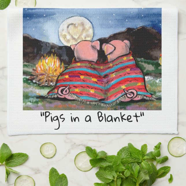 Pigs in a Blanket Romantic Night Moon Stars Art Tea Towel (Folded)