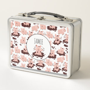Pigs Playing in Mud Farm Animals Kids Custom Name Metal Lunch Box