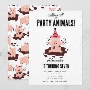 Pigs Playing in Mud Farm Party Animals Birthday Invitation