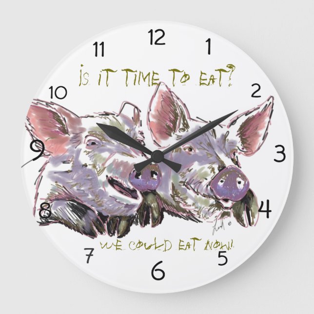 Pigs Watercolor Funny and Happy Large Clock (Front)