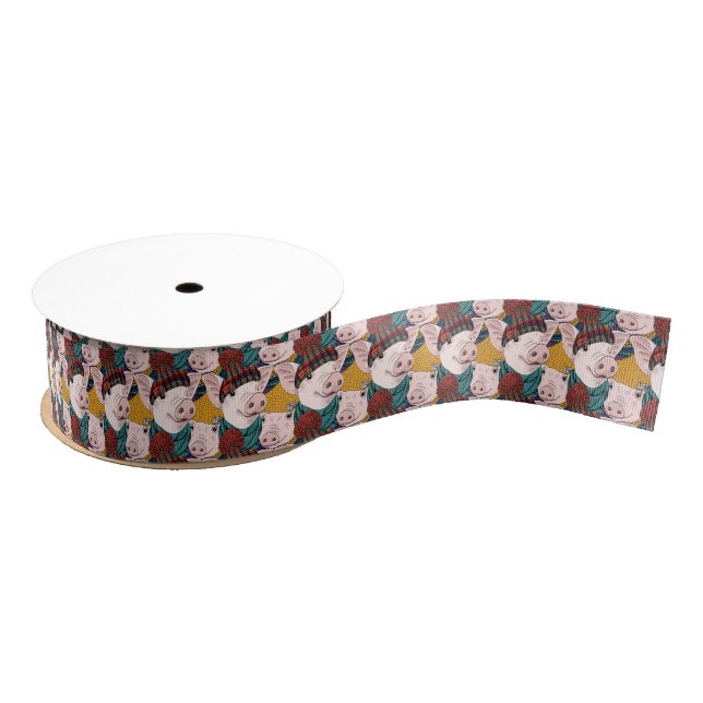 Pigs With Hats Pattern Grosgrain Ribbon (Spool)