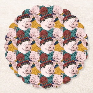 Pigs With Hats Pattern Paper Coaster