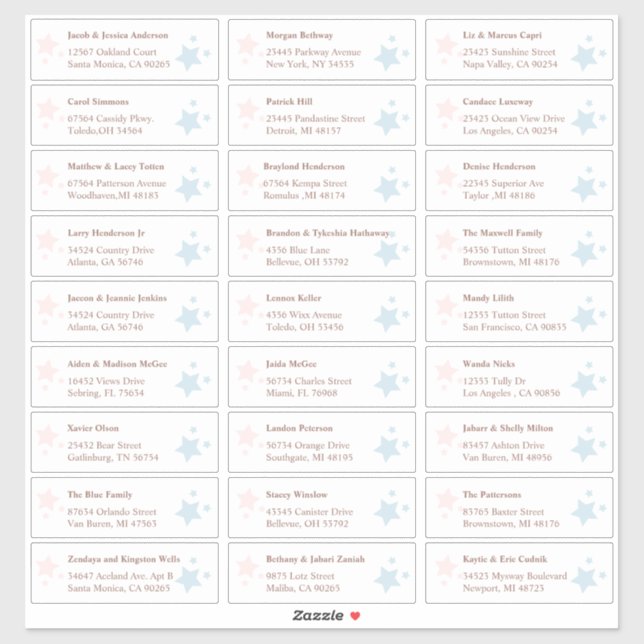 Piink and Blue Stars Guest Address Labels (Sheet)