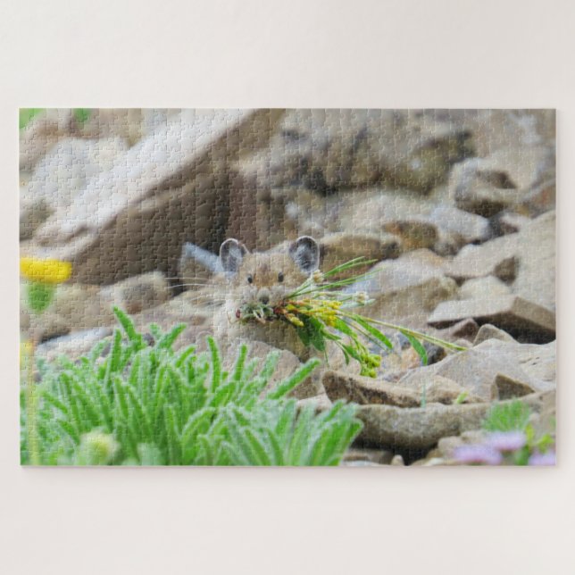 Pika Holding Leaves And Flowers In Mouth Jigsaw Puzzle (Horizontal)