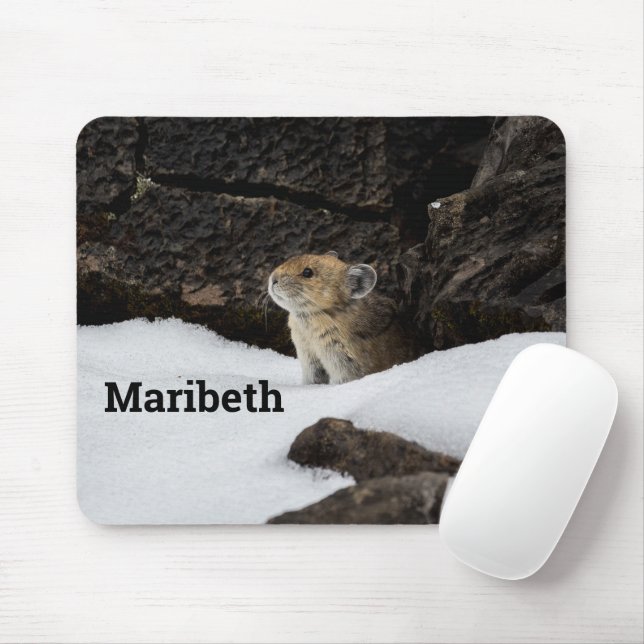 Pika in the Snow with YOUR NAME Mouse Mat (With Mouse)
