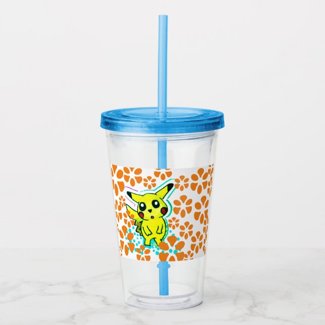 Pikachu Water Cup (Flowers) Cap & Straw (Blue) (Front)