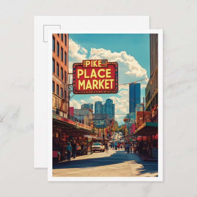 Pike Place Market Seattle Illustration Travel Postcard (Front/Back)