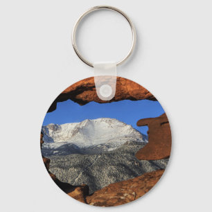 Pikes Peak seen through keyhole rock formation Key Ring