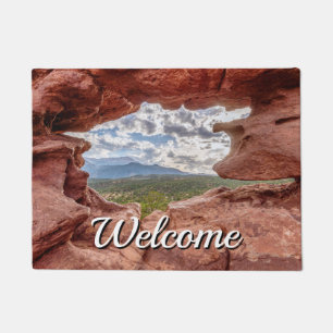 Pikes Peak Through A Rock Hole Welcome Doormat
