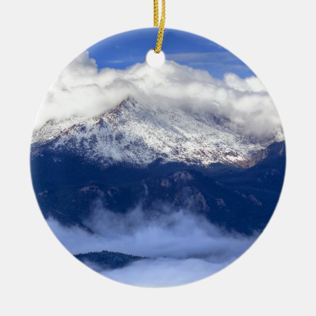 Pikes Peak with Fresh Snowfall and Clouds Ceramic Tree Decoration (Front)