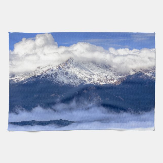 Pikes Peak with Fresh Snowfall and Clouds Tea Towel (Horizontal)