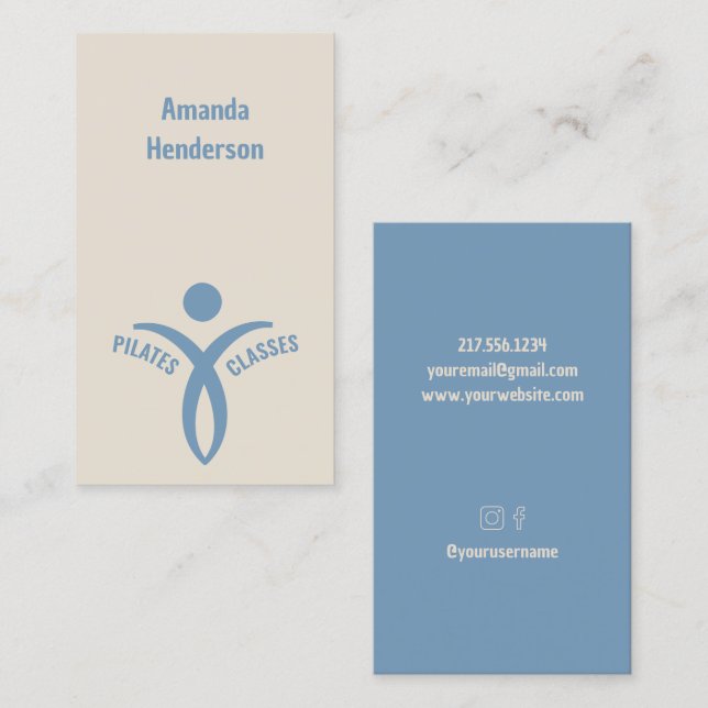 Pilates Classes Simple Sky Blue Logo Business Card (Front/Back)