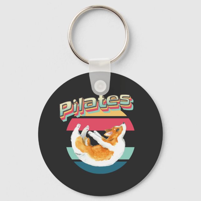 Pilates Corgi on Retro Sunset Key Ring (Front)