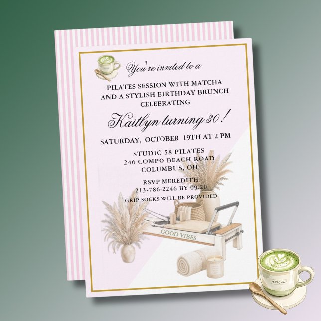 *Pilates & Matcha (any age) 30th Birthday Event  Invitation (Creator Uploaded)