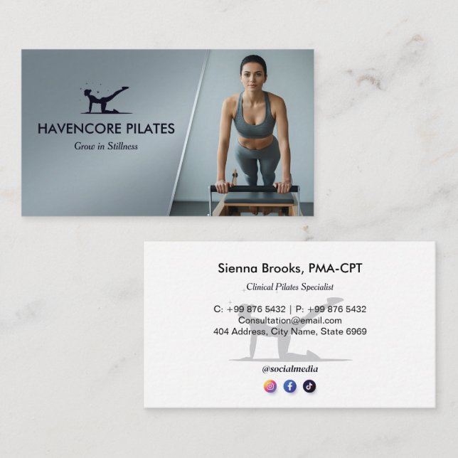 Pilates Studio Business | Modern Grey Barcode Business Card (Front/Back)