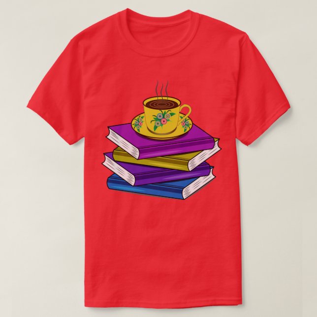 Pile Of Books And Hot Coffee T-Shirt (Design Front)
