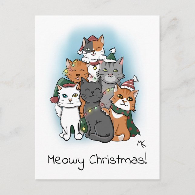 Pile of Cartoon Cats in Christmas Hats Holiday Postcard (Front)