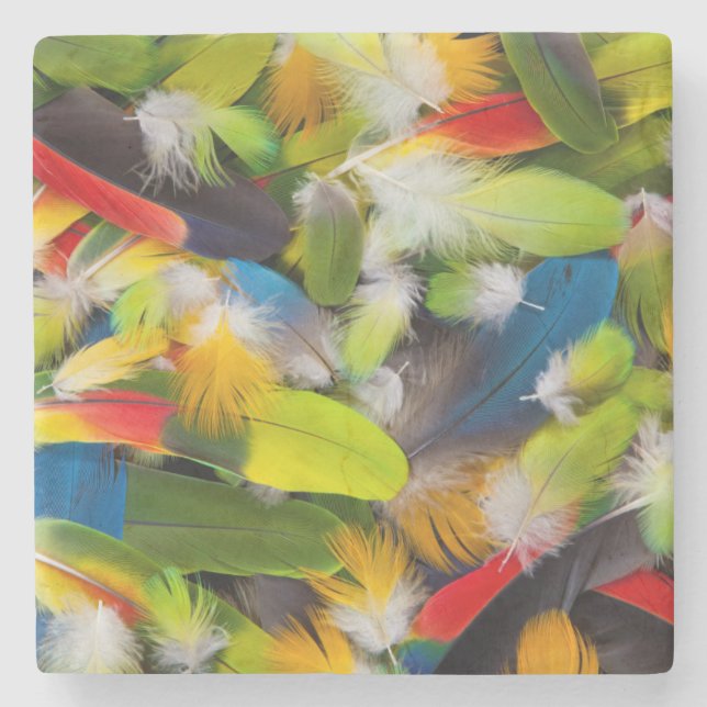 Pile of colourful feathers stone coaster (Front)