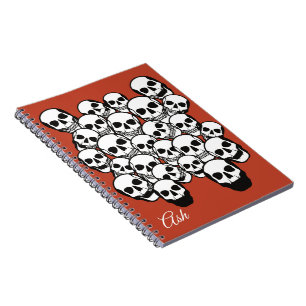 Pile of Skulls Burnt Amber Red Background Name Notebook