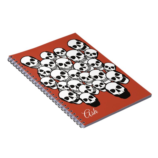 Pile of Skulls Burnt Amber Red Background Name Notebook (Right Side)