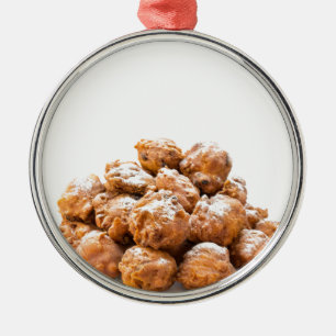 Pile of sugared oliebollen or fried fritters metal tree decoration