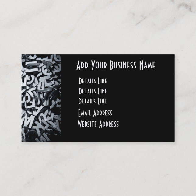Pile of wooden letters in English and monochrome Business Card (Front)
