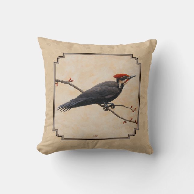 Pileated Woodpecker Tan Cushion (Front)