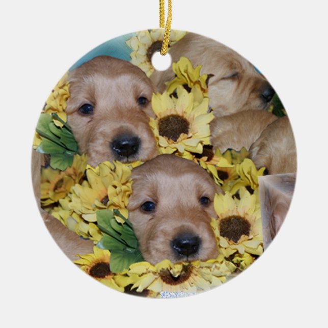 Piles of Puppies in Flowers Christmas Ornament (Front)