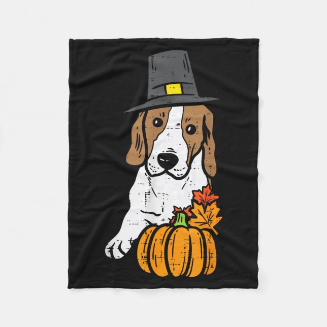 Pilgrim Beagle Pumpkin Leaf Thanksgiving Fall Fleece Blanket (Front)