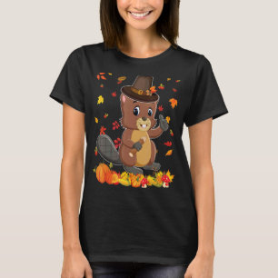 Pilgrim Beaver Happy Thanksgiving Thankful Pumpkin T-Shirt