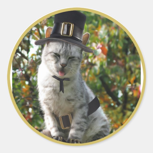Pilgrim Cat Classic Round Sticker (Front)