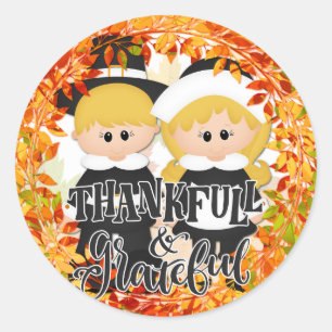 Pilgrim Couple - Thankful & Grateful Classic Round Sticker