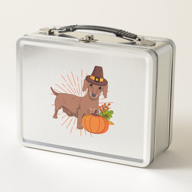 Pilgrim dachshund pumpkin leaves Thanksgiving  Metal Lunch Box (Front)