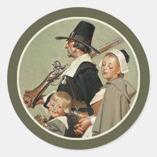 Pilgrim Family. Vintage Art Thanksgiving  Classic Round Sticker