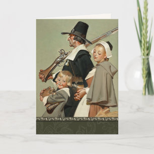 Pilgrim Family. Vintage Art Thanksgiving Holiday Card