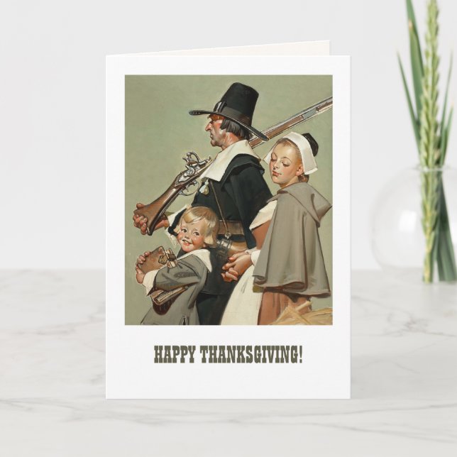 Pilgrim Family. Vintage Art Thanksgiving  Holiday Card (Front)