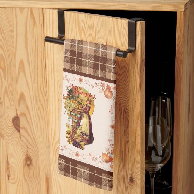 Pilgrim Girl on Plaid Thanksgiving Tea Towel (Thirds Fold)