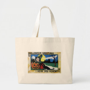 Pilgrim Kids, Cat & JOL Vintage Halloween Large Tote Bag