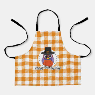 Pilgrim Owl on Orange Plaid - Happy Thanksgiving Apron