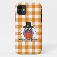 Pilgrim Owl on Orange Plaid - Happy Thanksgiving
