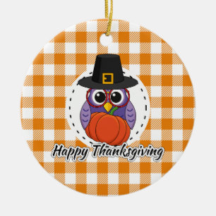Pilgrim Owl on Orange Plaid - Happy Thanksgiving Ceramic Tree Decoration
