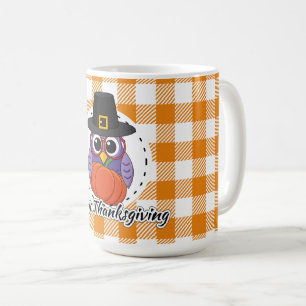 Pilgrim Owl on Orange Plaid - Happy Thanksgiving Coffee Mug