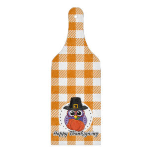 Pilgrim Owl on Orange Plaid - Happy Thanksgiving Cutting Board