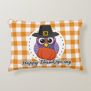 Pilgrim Owl on Orange Plaid - Happy Thanksgiving Decorative Cushion