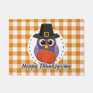 Pilgrim Owl on Orange Plaid - Happy Thanksgiving Doormat