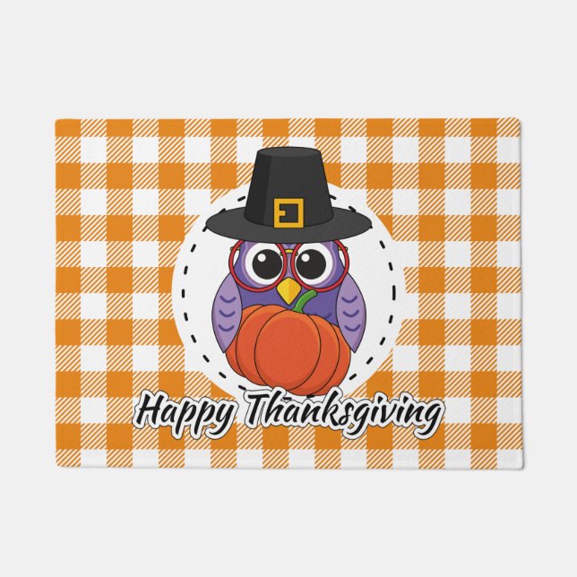 Pilgrim Owl on Orange Plaid - Happy Thanksgiving Doormat (Front)