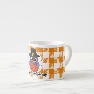 Pilgrim Owl on Orange Plaid - Happy Thanksgiving Espresso Cup