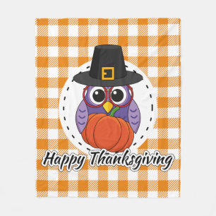Pilgrim Owl on Orange Plaid - Happy Thanksgiving Fleece Blanket